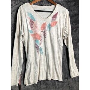 Sonoma Life Style Top Women Size Large Beige Leaf Detail Vneck
